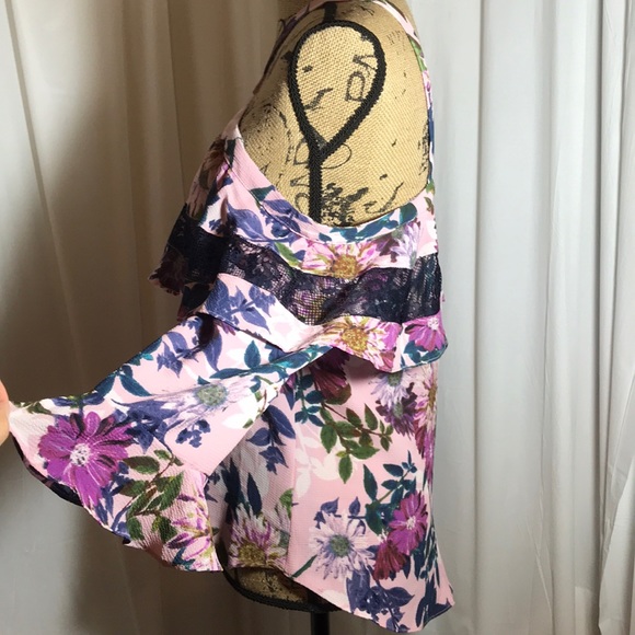 🆕 Cupio Purple Floral Cold Shoulder Ruffle Lace S - Picture 2 of 7